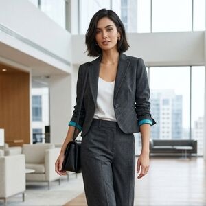 Koji Yohji Sophisticated Women's Charcoal Croped Blazer with Teal Lining Size 3